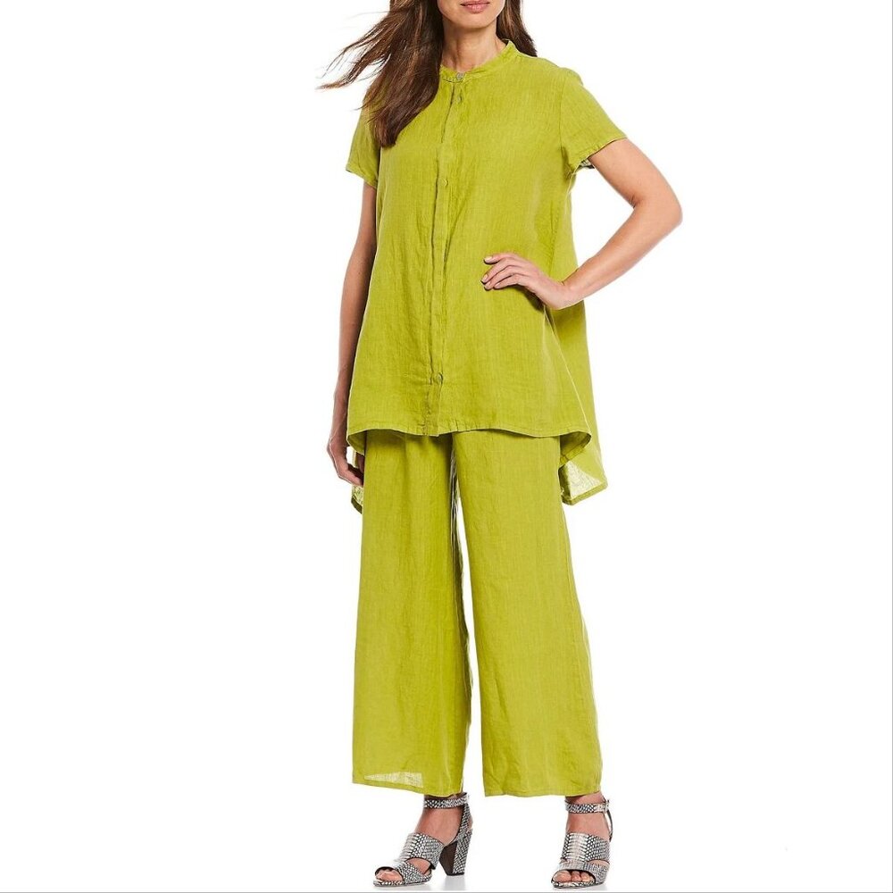 BRYN WALKER Willa LINEN Hi Low TUNIC Top Vireo Lime Green Button Front NEW $183 - Picture 2 of 9